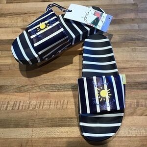 Joules Poolside Hello Sunshine Slide Sandals Navy Stripe NWT